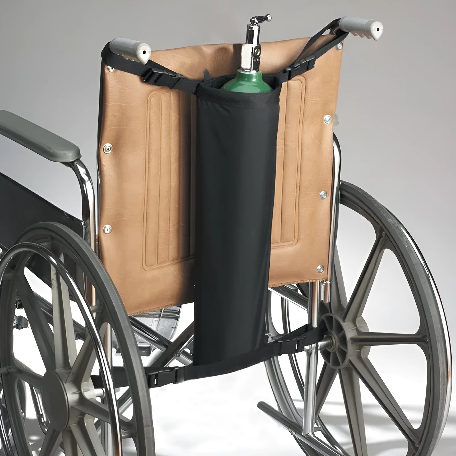Black cylindrical wheelchair pannier bag made from 600D Oxford cloth for oxygen cylinder storage.