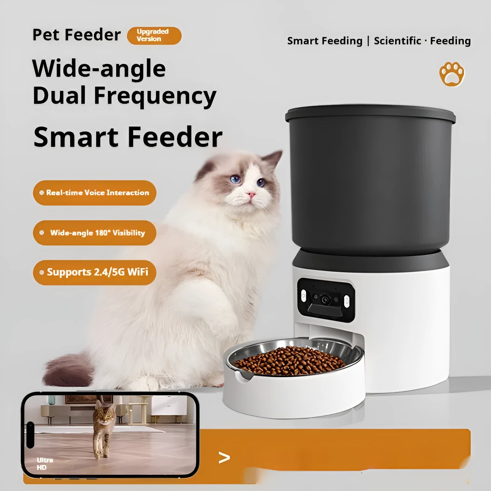 4L smart pet feeder with WiFi remote scheduling and video monitoring camera