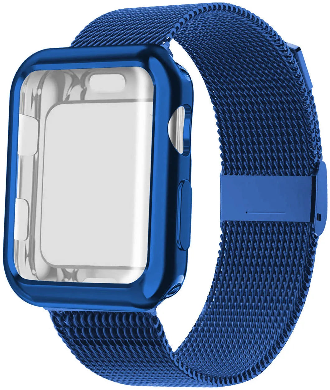 Magnetic metal and TPU Apple Watch band in silver, shown with included protective watch case.