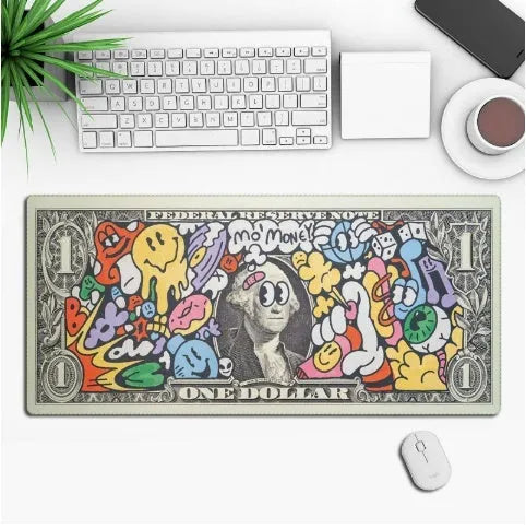 Gaming mouse pad with anime graphic design on a desk, showing non-slip rubber cloth base