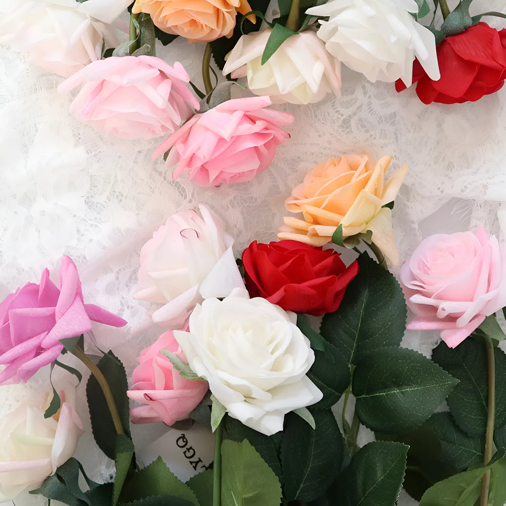 Silk artificial rose flower in red, 42cm long with 8.5cm fabric flower head on plastic stem.