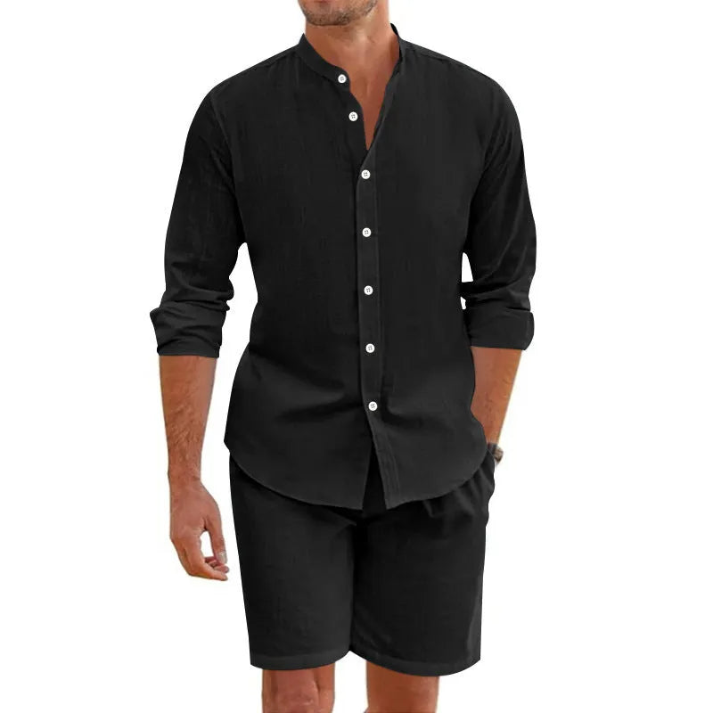 Men's dark grey hemp linen blend summer short suit with lapel shirt and drawstring shorts on a hanger.
