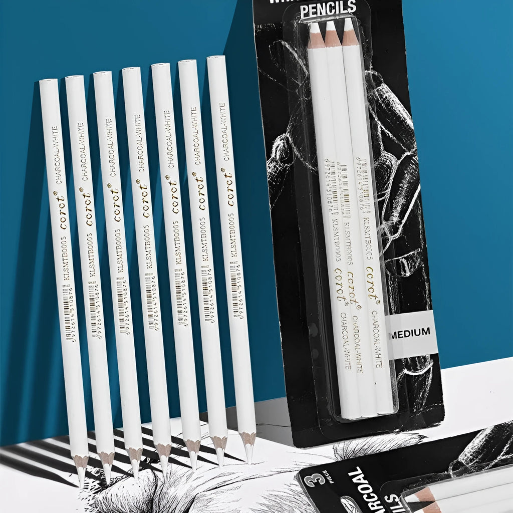 Set of three white charcoal pencils with wooden barrels and moderate hardness