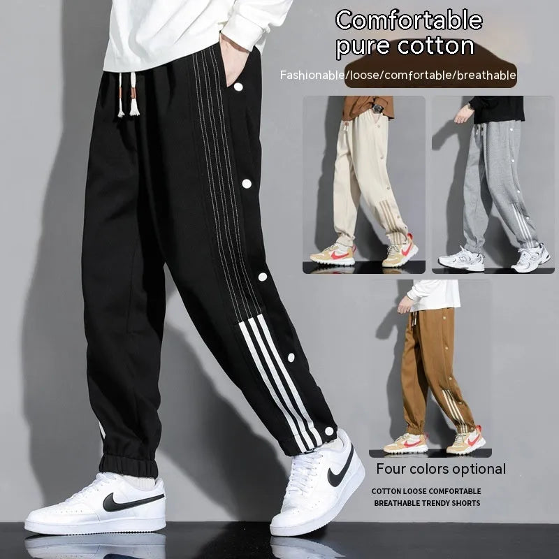Men's black cotton blend sweatpants with high waist, belt, and adjustable ankle ties