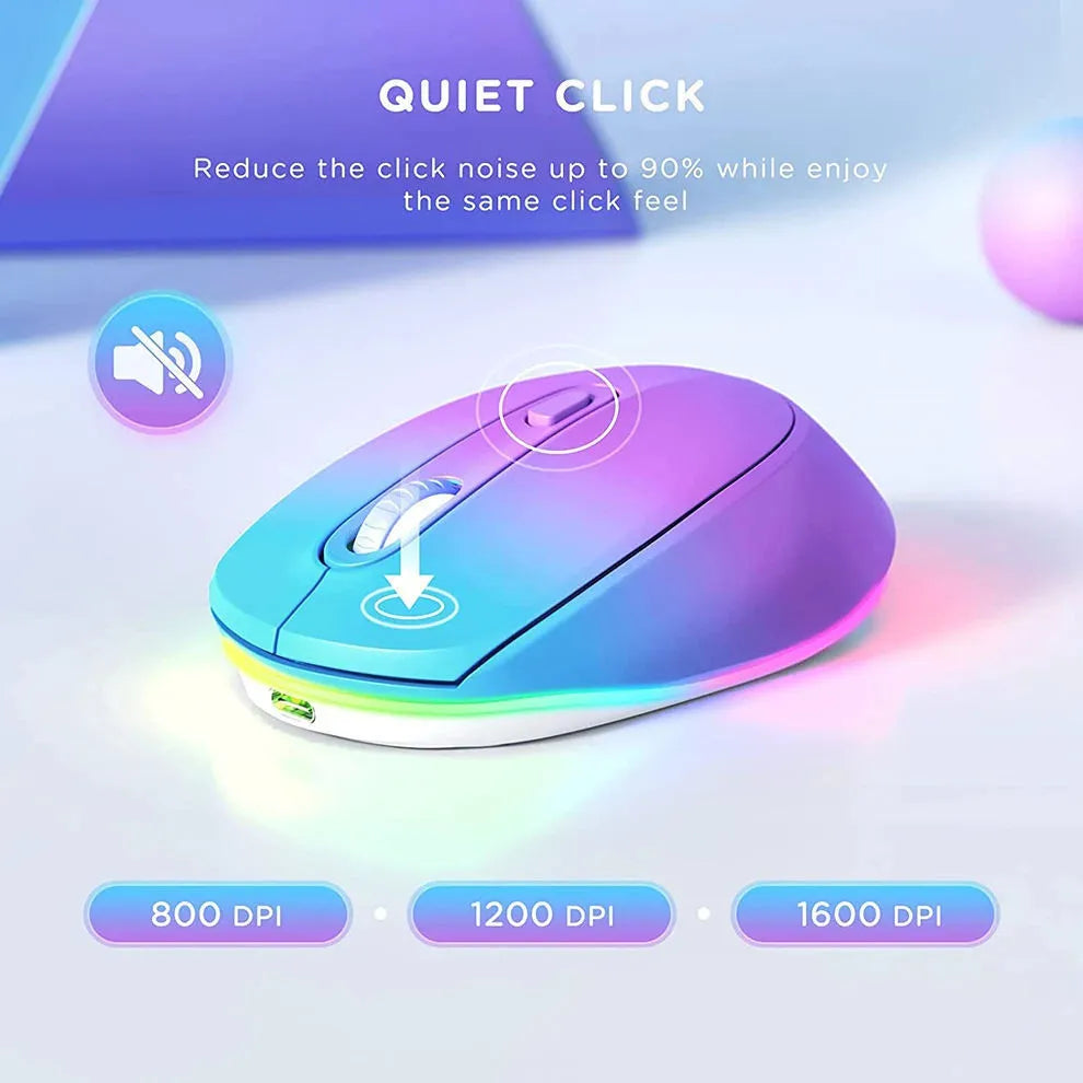 24g rechargeable wireless mouse in various colours, shown with USB charging cable.