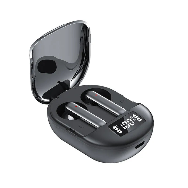 Black and white wireless Bluetooth in-ear headphones with a charging case on a plain background.