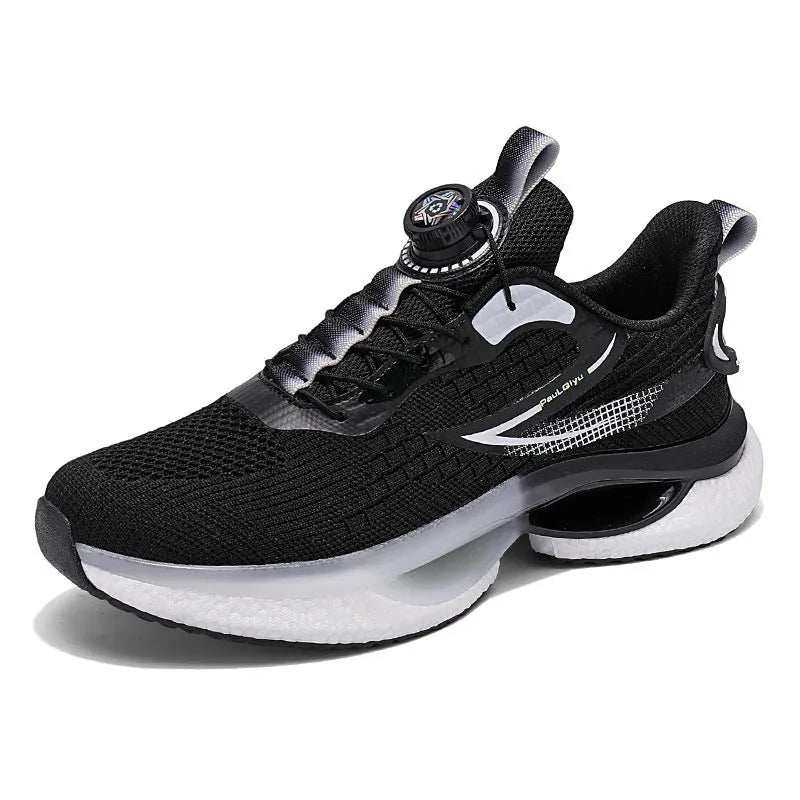 Men's white low-top running shoes with a rotating button buckle and round toe on a gray background.