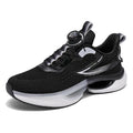 Men's white low-top running shoes with a rotating button buckle and round toe on a gray background.