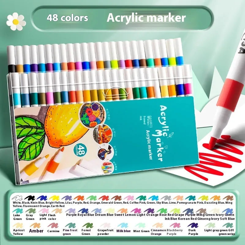 Box of acrylic marker pens for student painting with true colour ink in multicolour plastic barrels