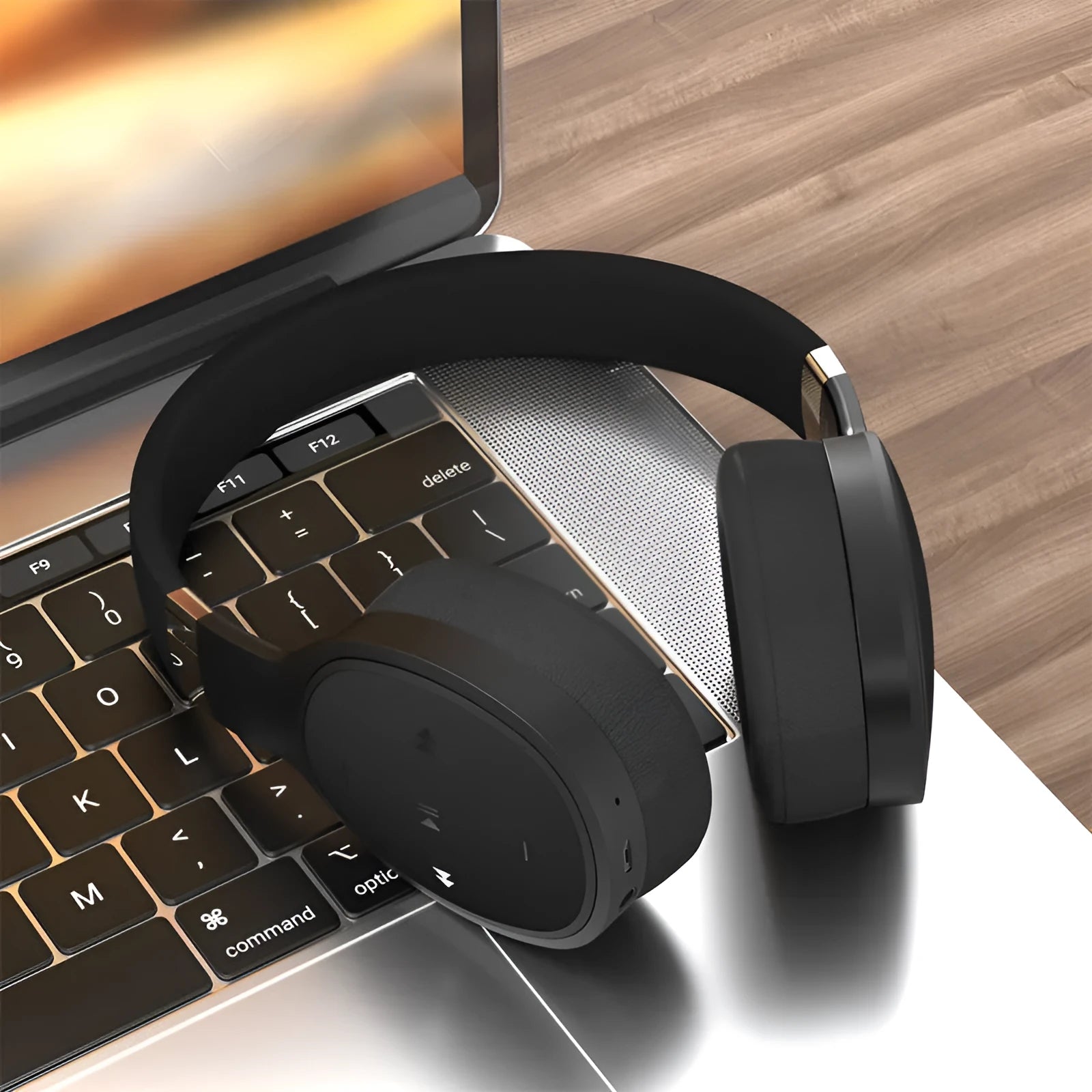 Folding wireless Bluetooth sports headphones in black, shown in open and closed positions