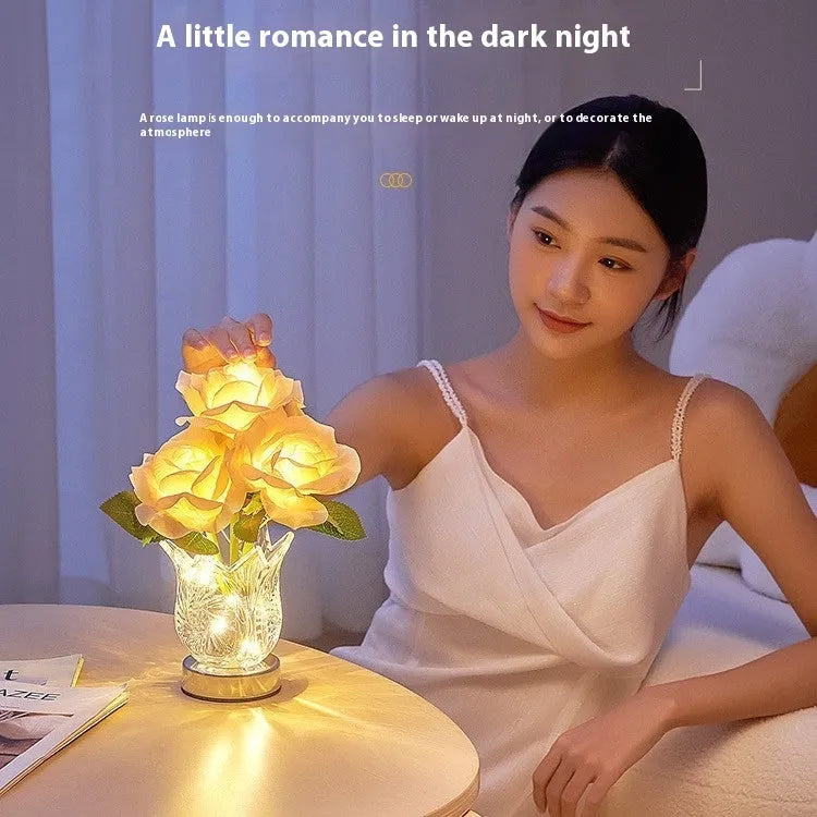 Modern crystal flowers rechargeable touch table lamp with dimming function on bedside table