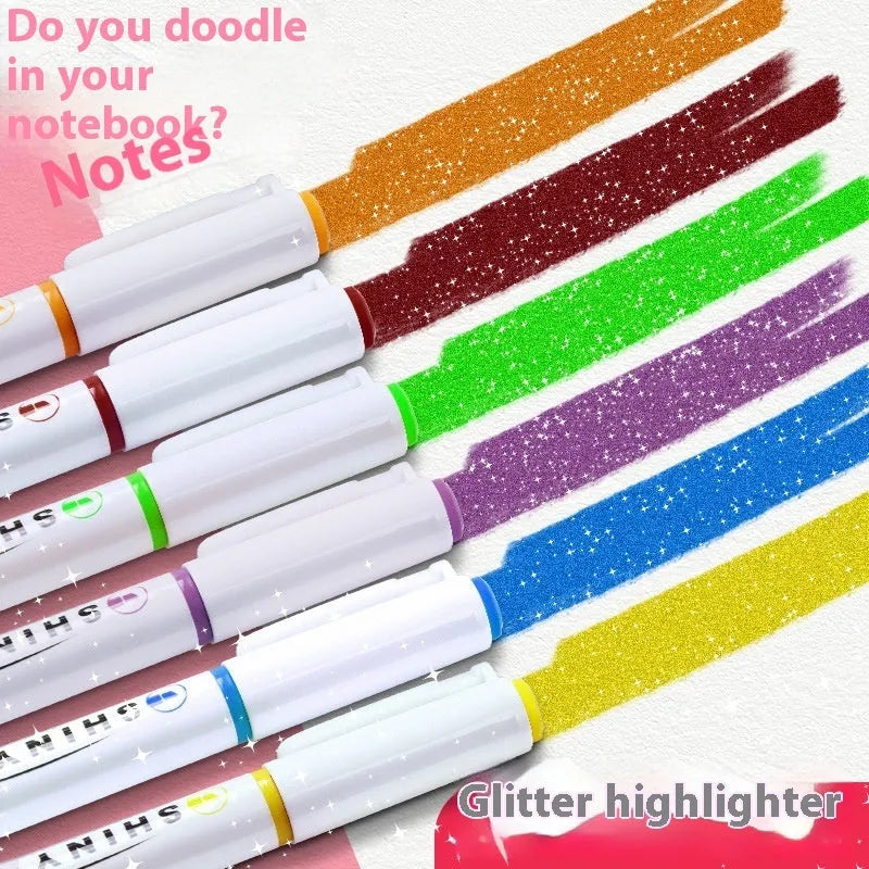 Set of four glitter highlighter pens with decorative Star River design on blue plastic shells, showing slanted tips.