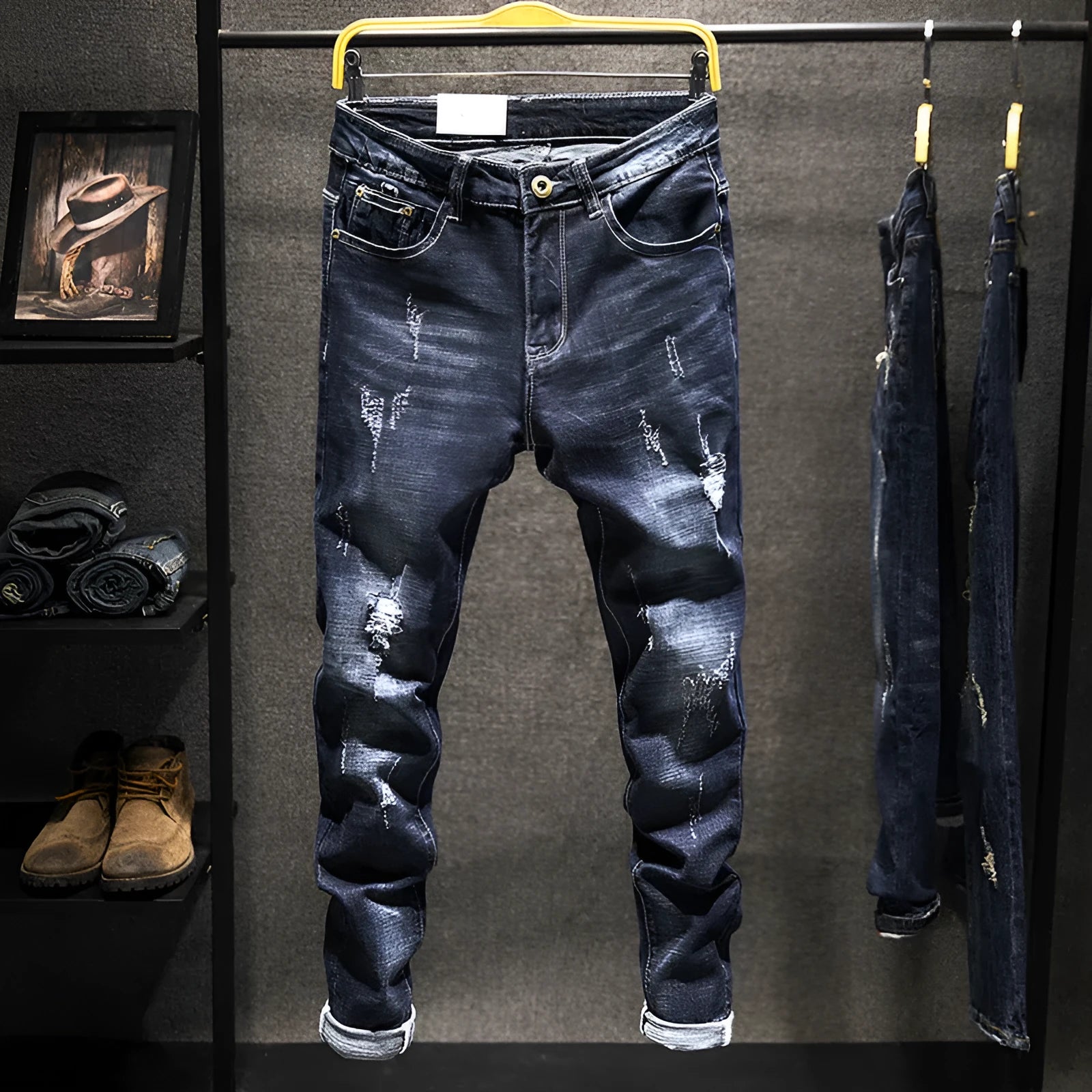 Men's slim-fitting skinny jeans in dark blue and light blue stretch cotton denim.