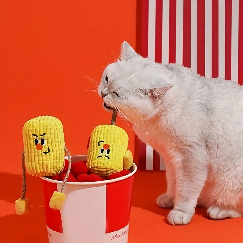 Corn cob shaped cat chew toy made from polio wood with catnip for dental cleaning