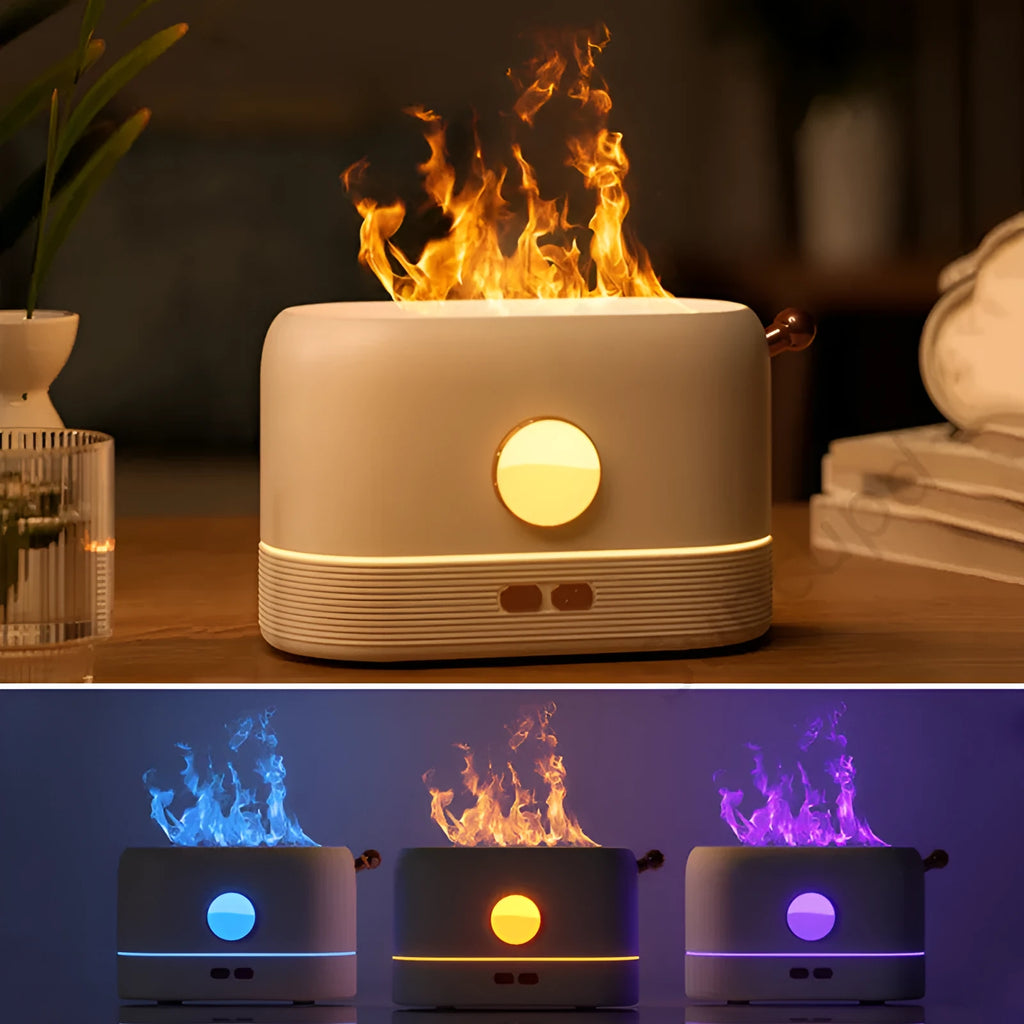 Black USB humidifier with simulated flame effect and water tank on wooden desktop