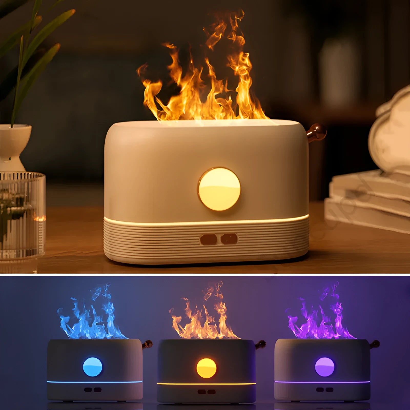 Black USB humidifier with simulated flame effect and water tank on wooden desktop