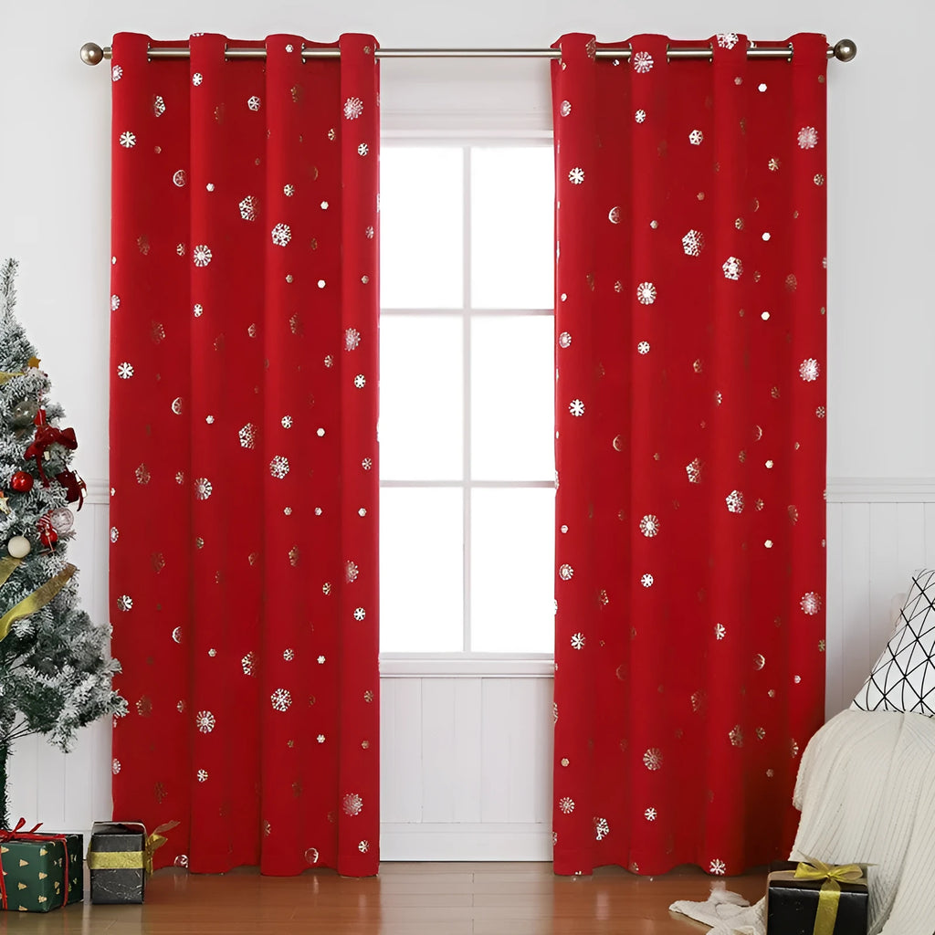 Red and green hole-free snowflake polyester shade cloth curtains in various sizes with lace loop and iron hoop detailing