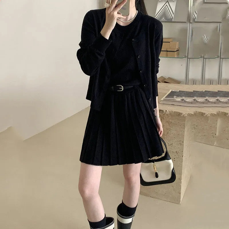 Women's black knitted two-piece set with pleated vest skirt and long-sleeve cardigan, national style art retro design