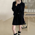 Women's black knitted two-piece set with pleated vest skirt and long-sleeve cardigan, national style art retro design