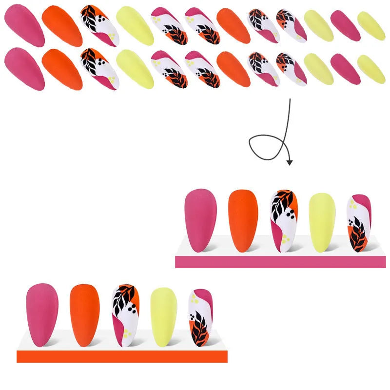 Wear Armour frosted finish almond nail stickers set showing four designs: French leaves, colourful plating, star macaron, and leopard print.