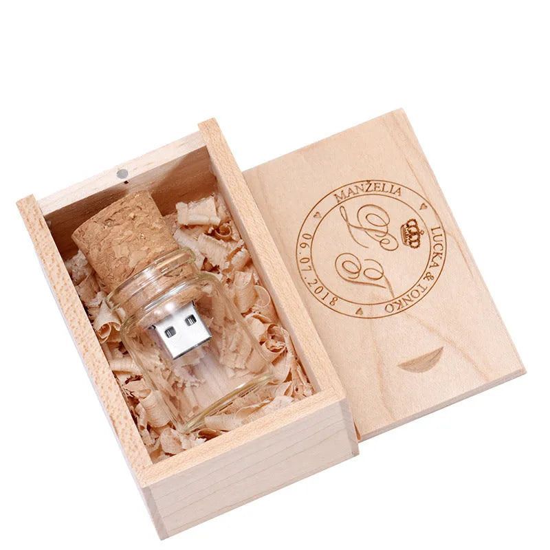 Chocolate brown wooden USB flash drive in a drift bottle shape with space for custom graphics.