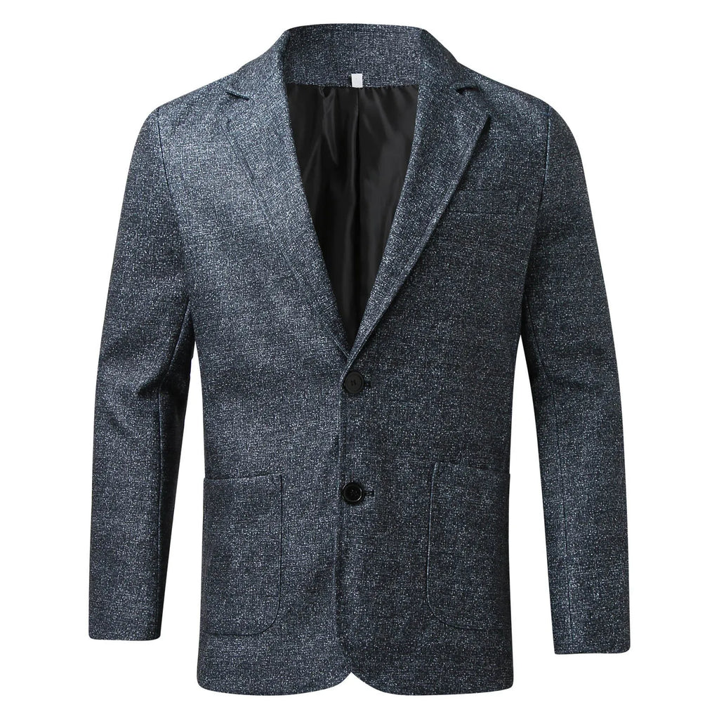 Men's slim fit plaid lapel long sleeve suit coat in blue plaid - polyester woolen business jacket