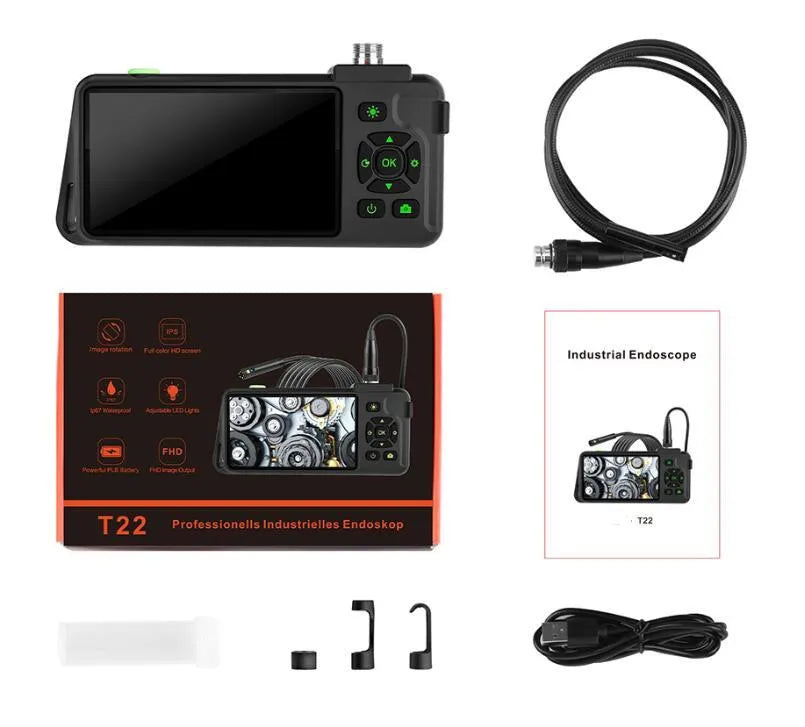 Handheld industrial endoscope with 4.5-inch screen and 5.5mm camera probe on 1m cable