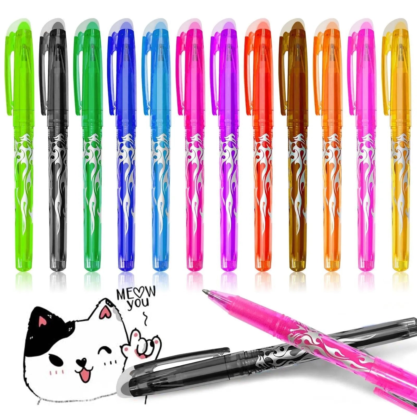 Pack of heat-erasable gel pens with plastic casings and stainless steel nibs in 0.5mm or 0.7mm sizes