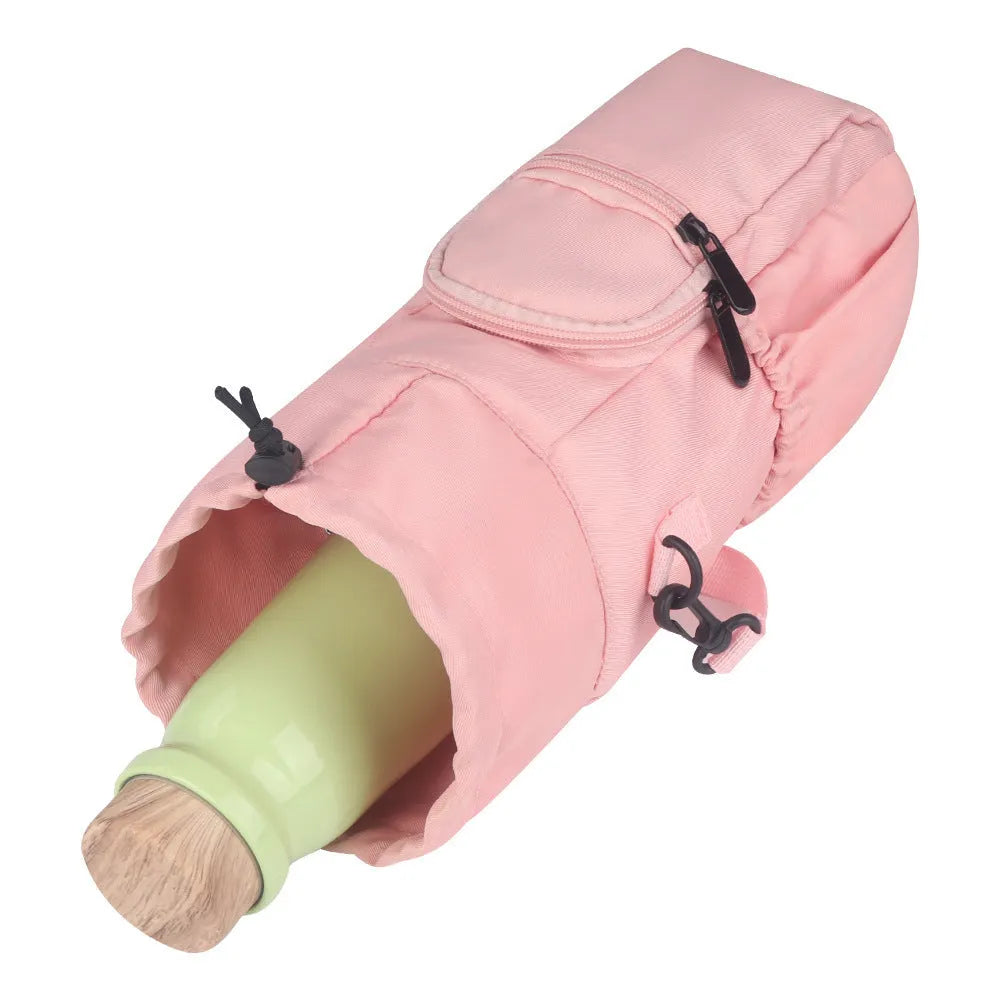 Soft cloth water bottle pouch with adjustable strap shown in black, green, and pink colour options.