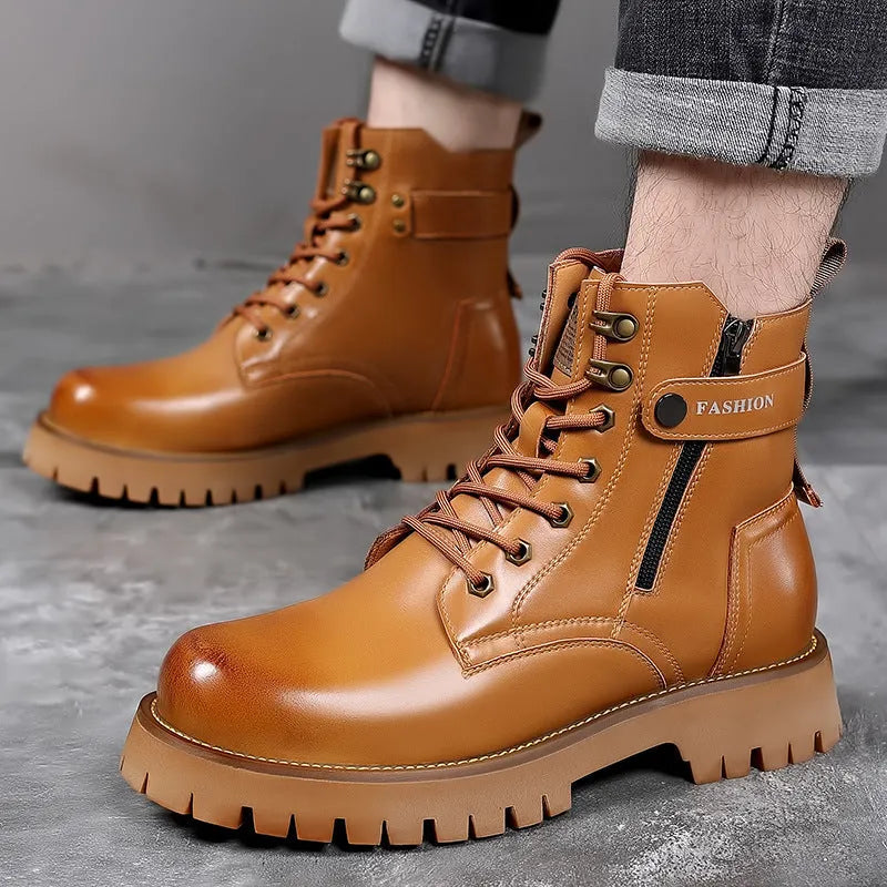 Men's light brown leather Martin boots with side zipper and thick rubber sole.