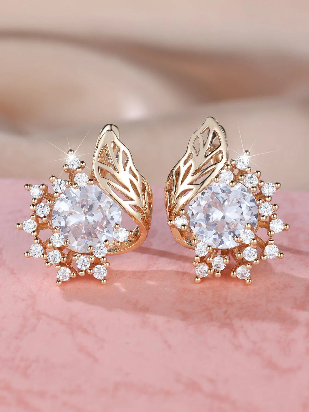 Round floral feather earrings with zircon diamonds in rose gold setting