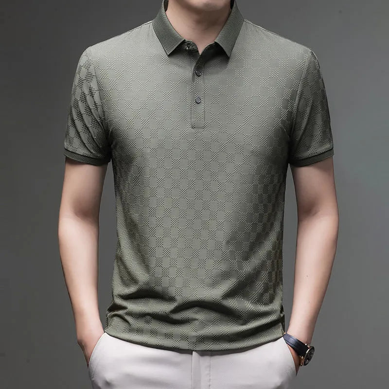 Rhombus patterned thin ice silk short sleeve T-shirt in black, showing V-neck and slit design detail.