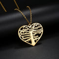Personalised women's stainless steel necklace with a hollow heart and tree pendant engraved with names, shown on a model.