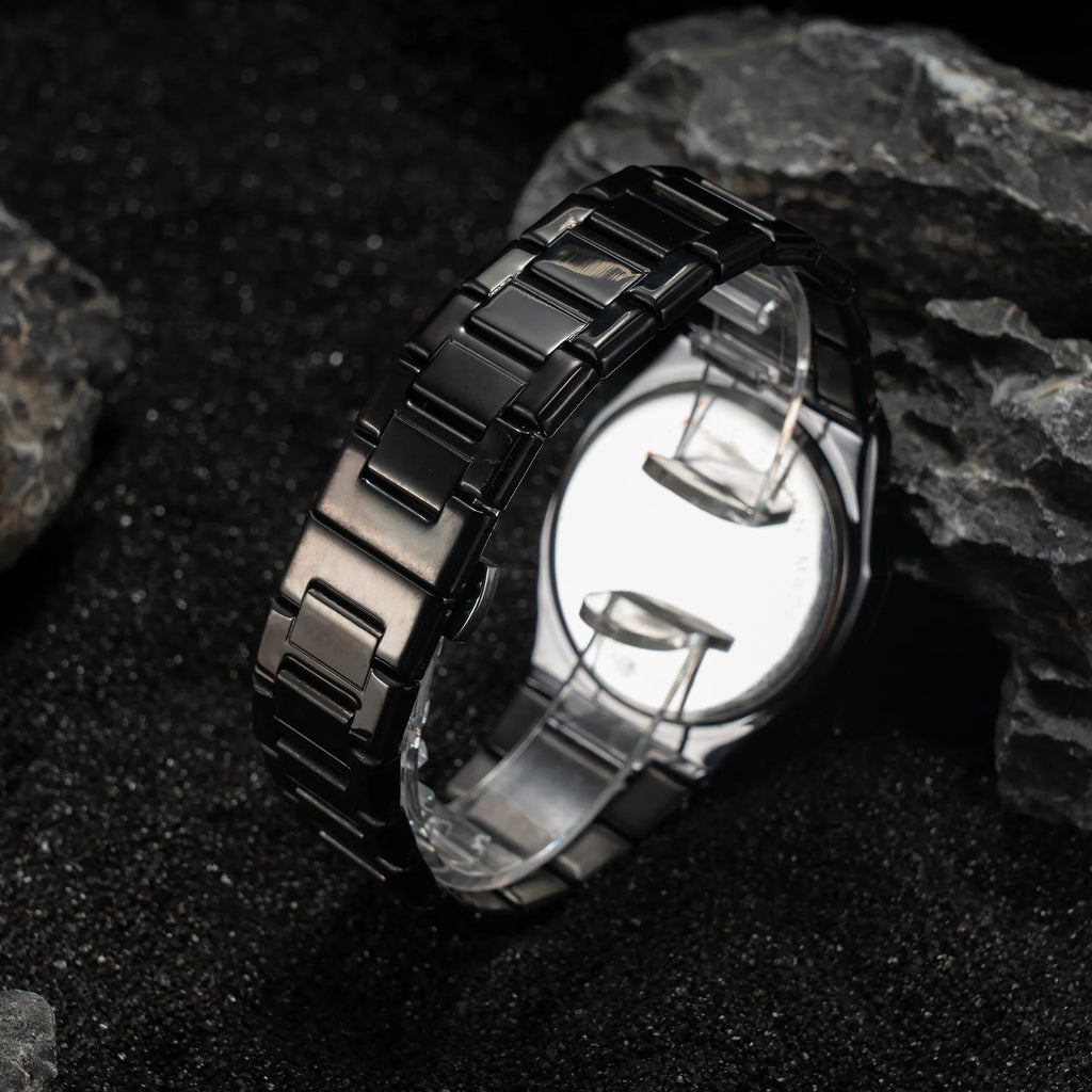 Men's slim business casual watch with steel belt in black, black silver, and silver black colour options.
