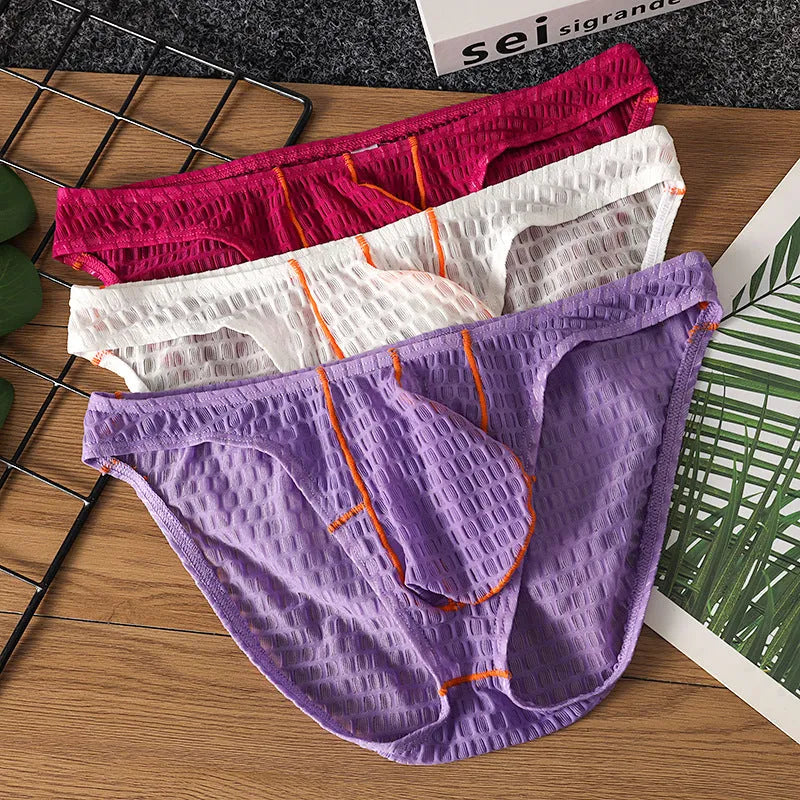 Men's low waist ice silk lace briefs in white, black, green, red, and purple on a size chart.