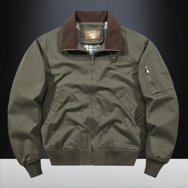 Men's washed cotton baseball flight jacket in plus sizes, shown in camel colour.