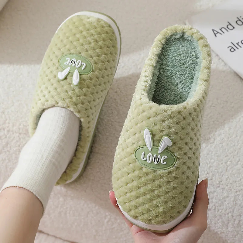 Women's rabbit plaid pattern house slippers with artificial fur upper and non-slip rubber soles