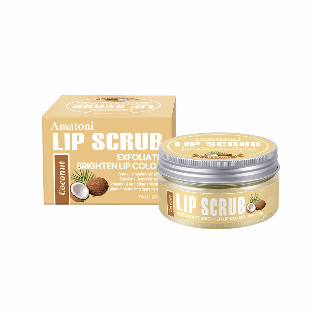 Amatoni lip scrub pot with fruit flavours including coconut, raspberry, vanilla, and watermelon
