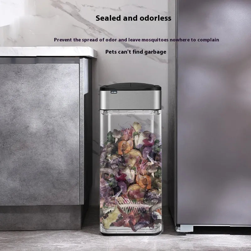Inductive smart trash can in stainless steel with square bucket shape and deodorant function