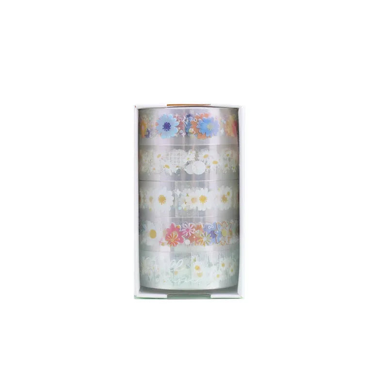 Five rolls of transparent decorative tape with colourful Midsummer Daisy cartoon designs