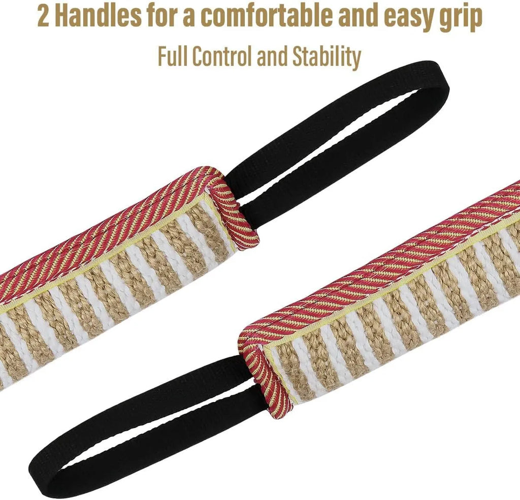 Beige jute dog tug toy with two handles, sized for small and medium dogs