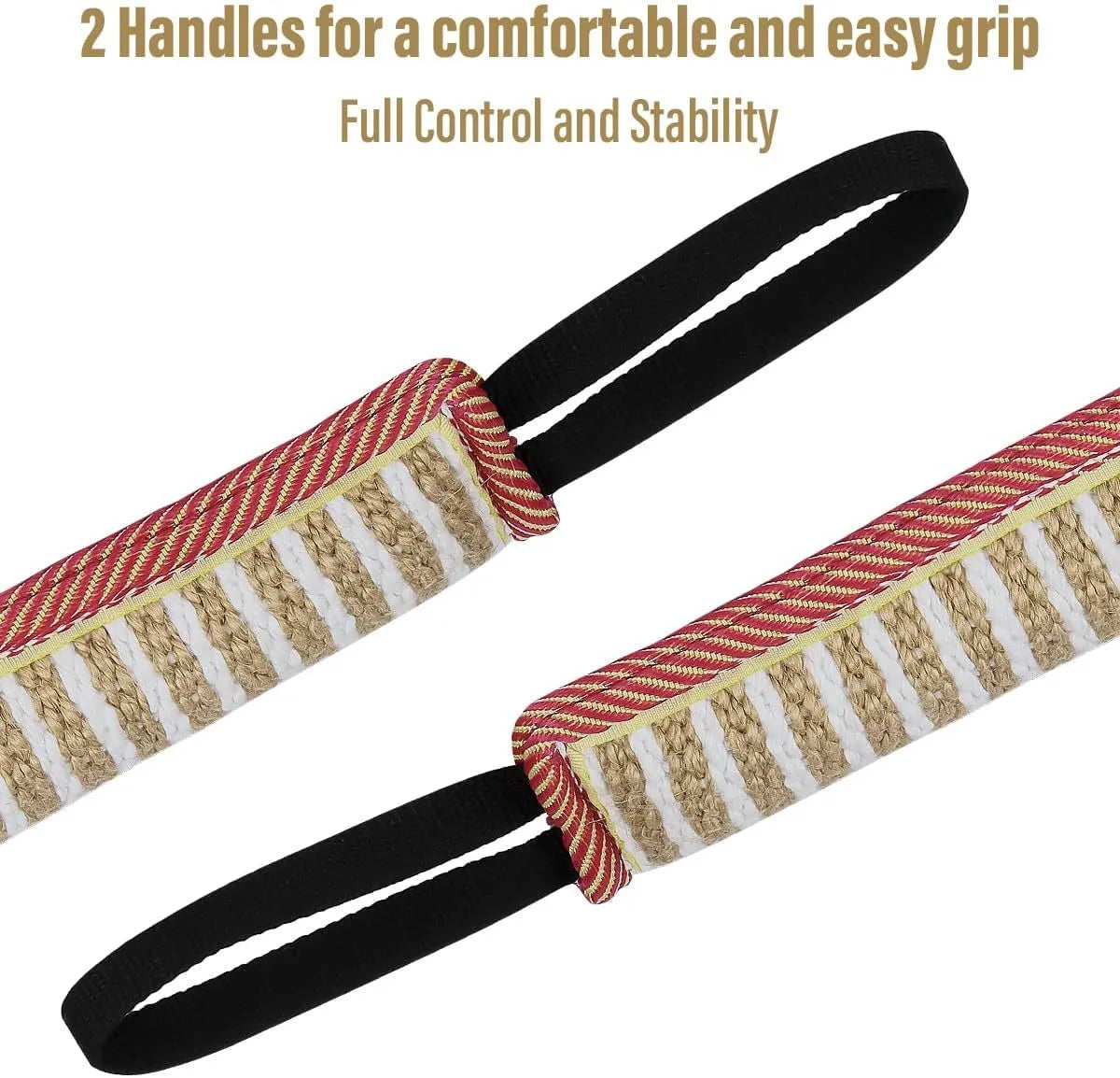 Beige jute dog tug toy with two handles, sized for small and medium dogs