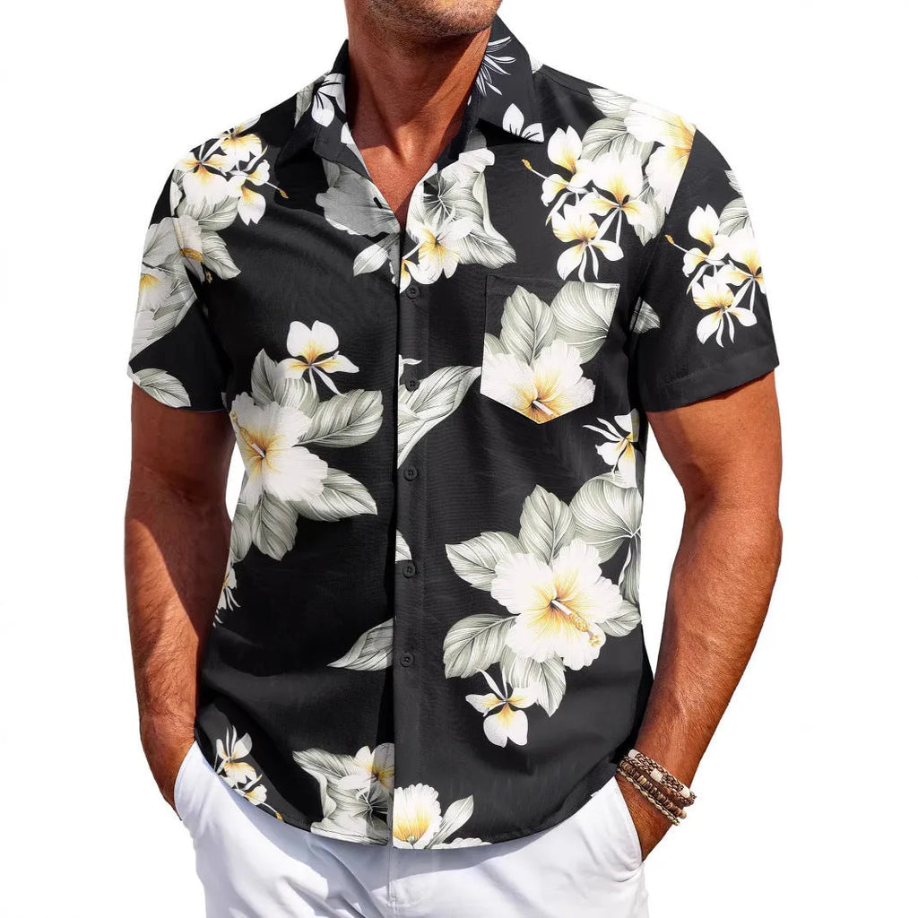 Men's slim-fit Hawaiian shirt cardigan in elastic polyester fabric with short sleeves