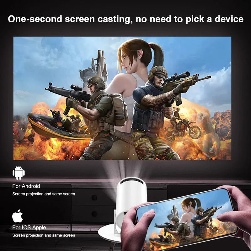 White MINI wireless HD portable projector showing wireless same-screen capability for home use