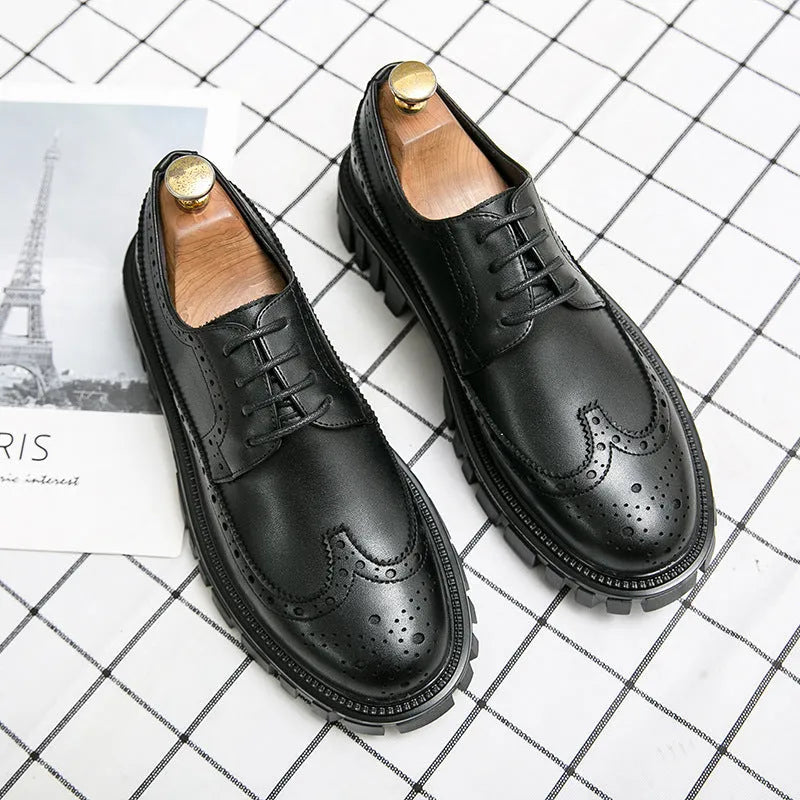 Men's black and brown artificial PU brogue shoes with round toe for business wear