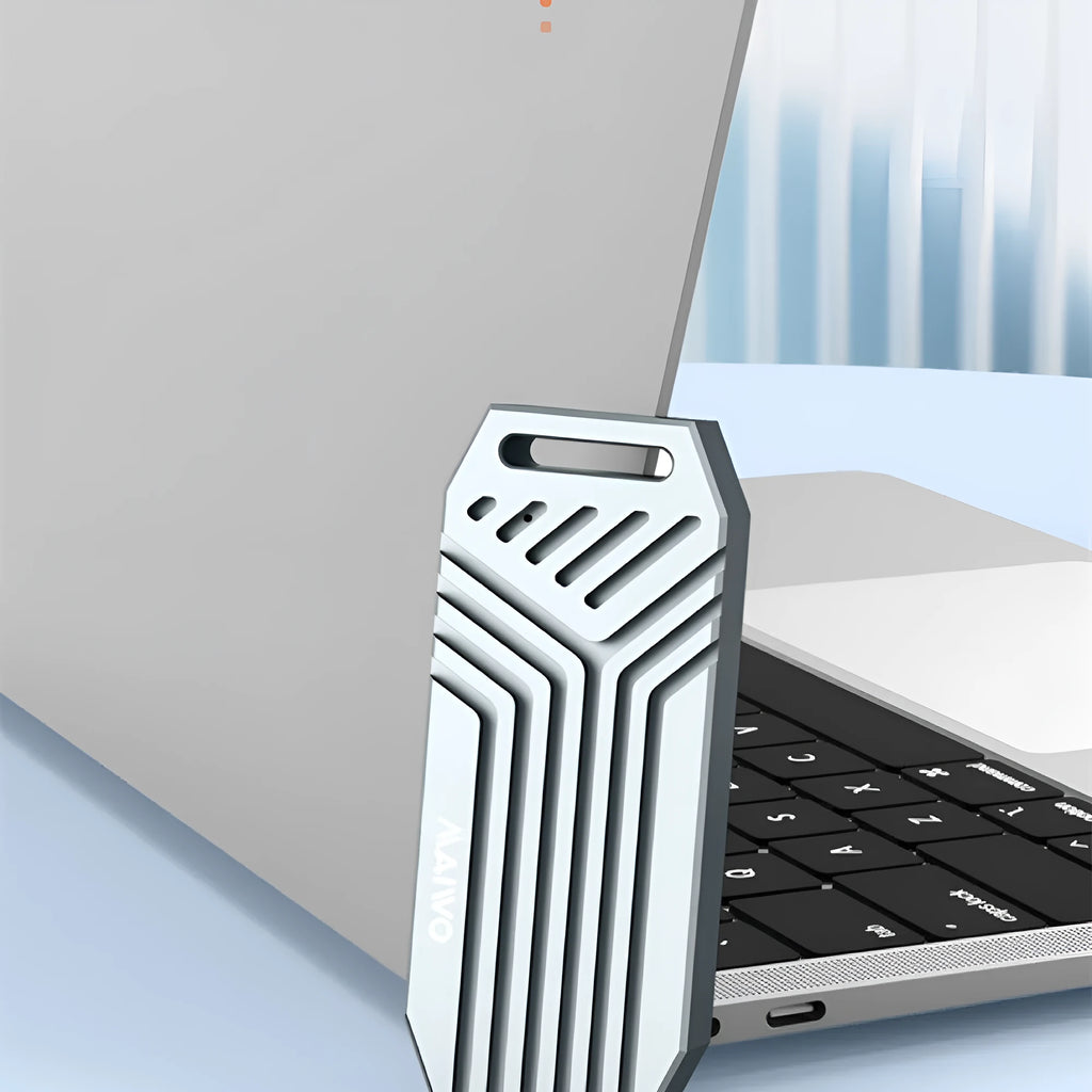 Silver Thunderbolt 4 external SSD enclosure for M.2 drives, showing compact aluminium design.