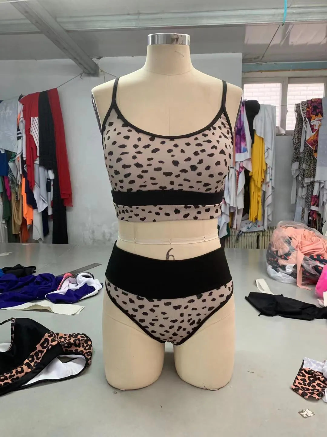 Women's high waist split bikini swimsuit in white or leopard print