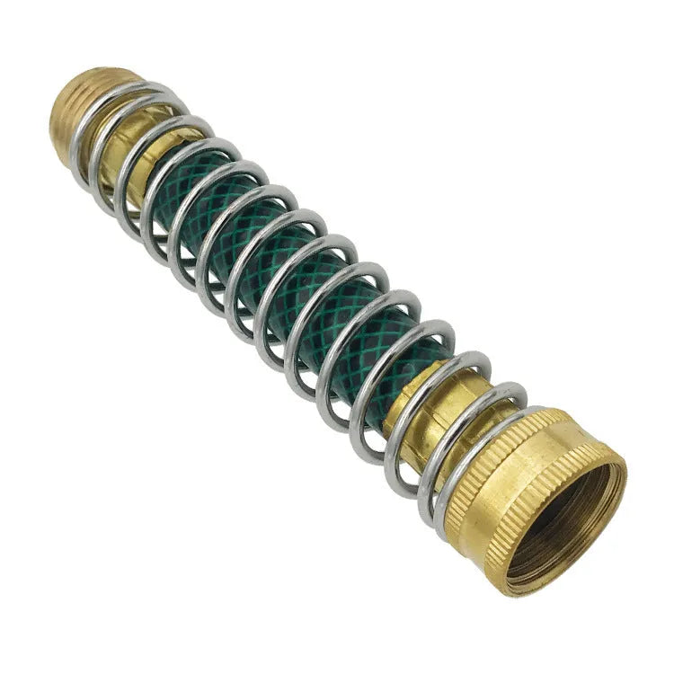Brass garden hose connector with visible spiral spring, 15 cm long with 3/4 inch threaded fittings