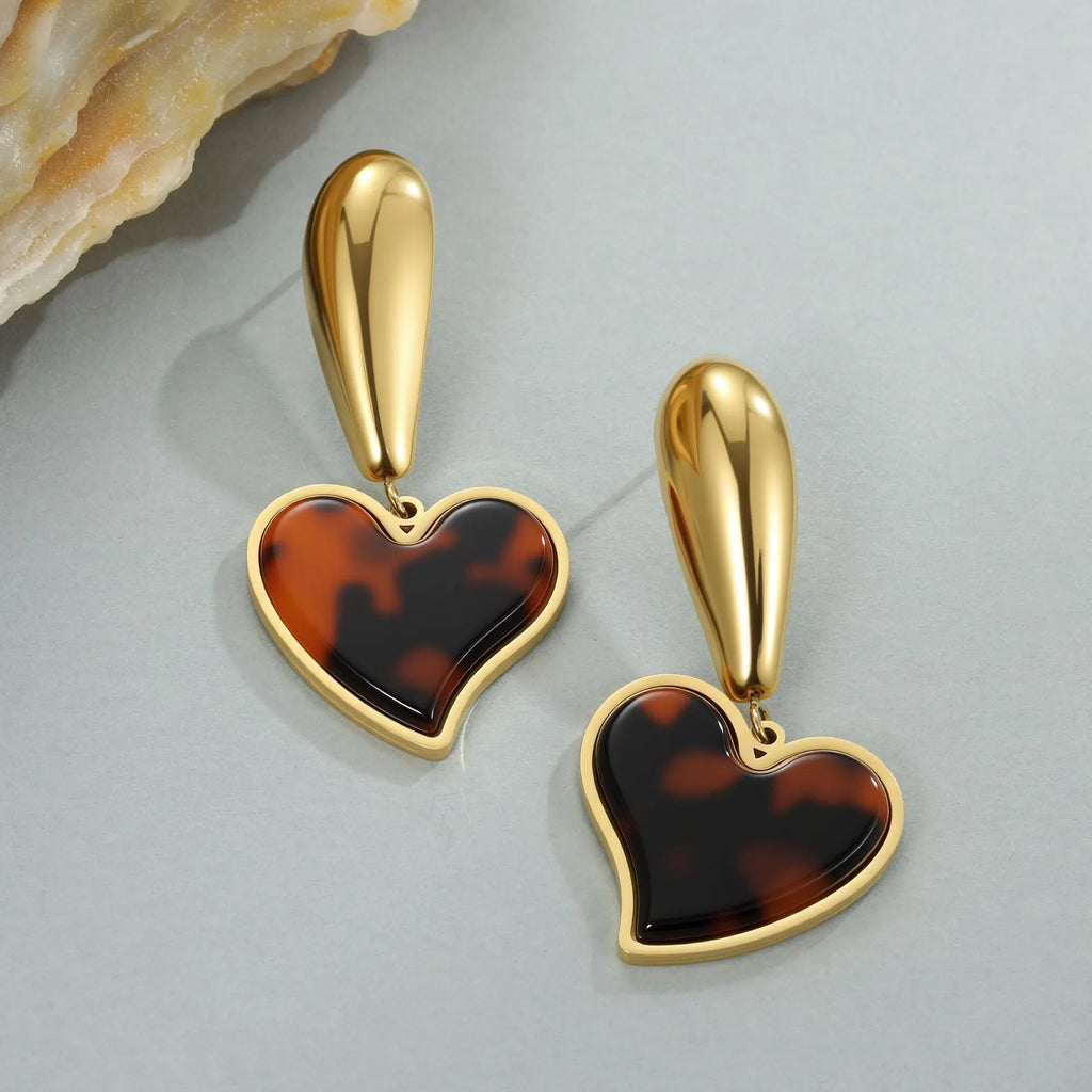 Women's tortoiseshell resin hawksbill colour earrings with 18K gold electroplating in heart-shaped and floral geometric designs