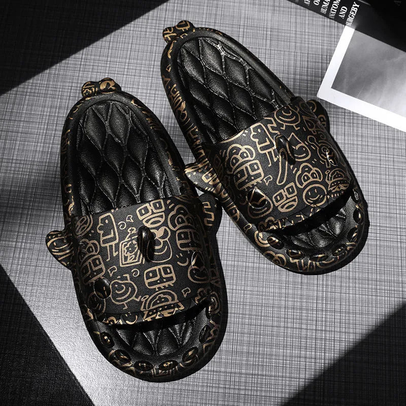Pair of light beige open-toe EVA slippers with a shark design on a white background.
